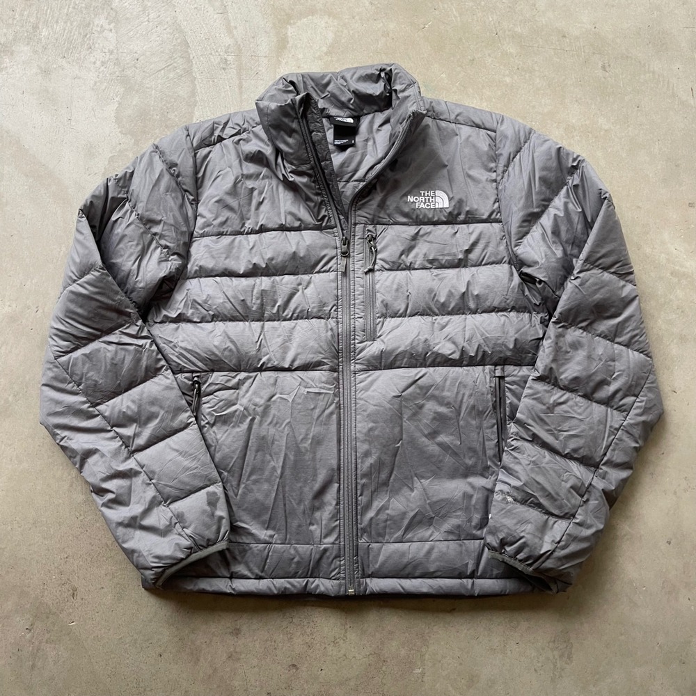The North Face 550 Down Puffer Jacket Mens Medium Grey Full Zip Flawed